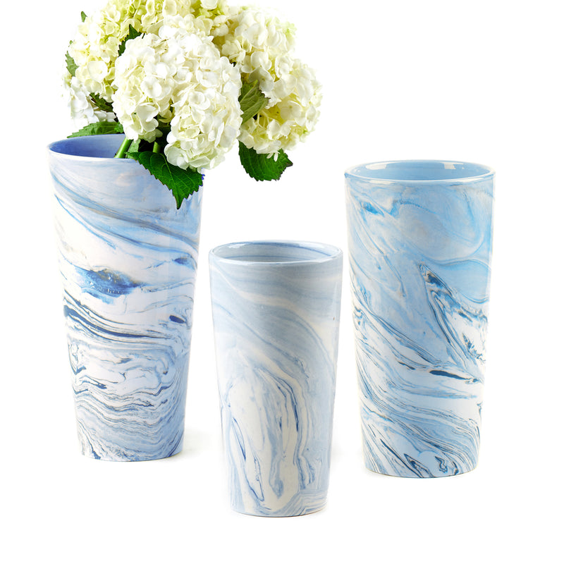 Set of 3 tapered blue ceramic vases with white marbled swirls