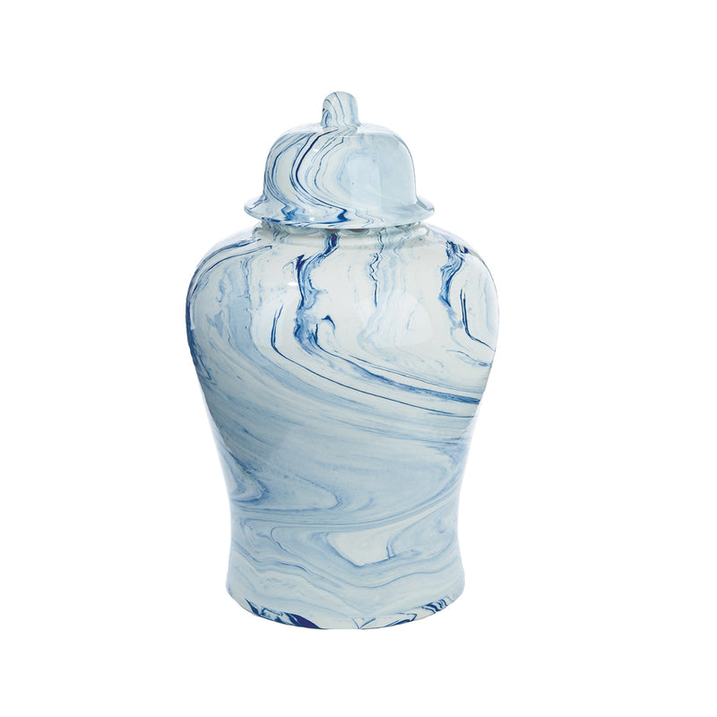 Blue marbled ceramic temple jar with domed lid, tapered body