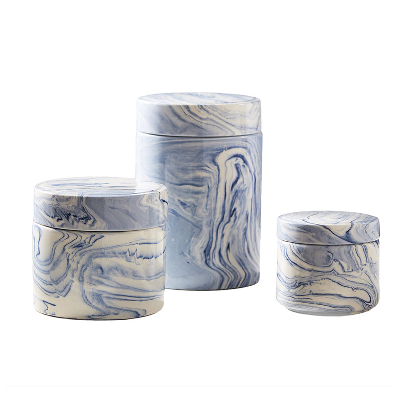 Set of 3 blue ceramic covered jars with marbled glaze, cylindrical lids