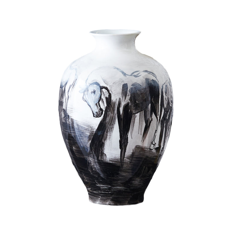 Large hand-painted porcelain jar with blue-gray horse and black brushstroke pattern
