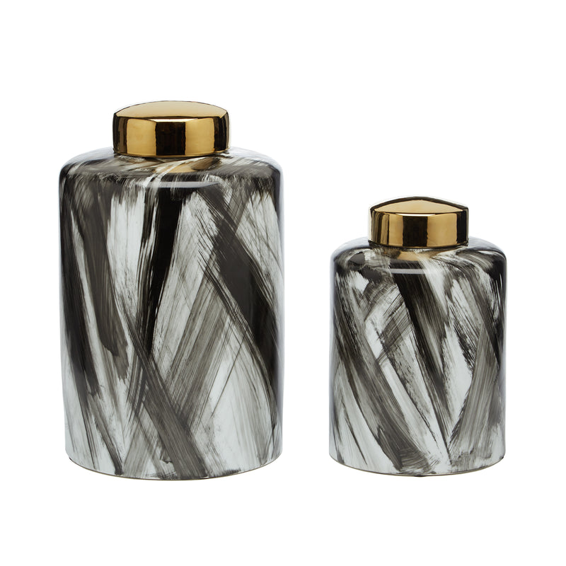 Set of 2 porcelain storage jars with black-and-white brushstroke design and gold lids