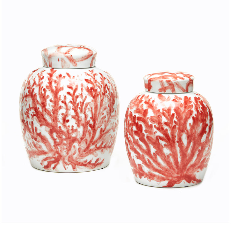 Porcelain covered ginger jar set of 2, coral-red pattern, white lids