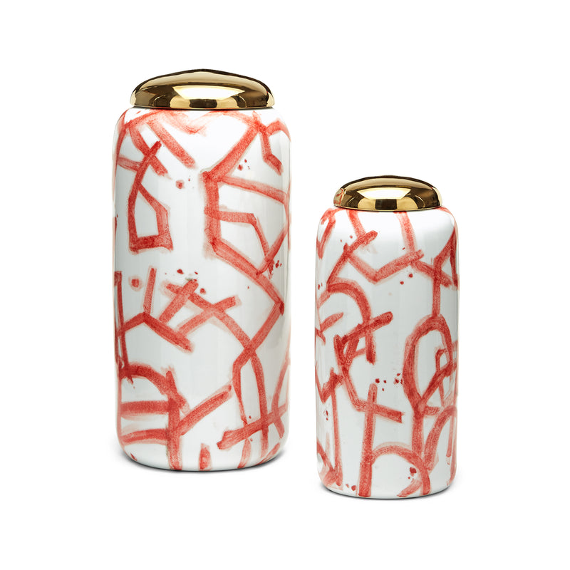 Two porcelain jars with gold lids, white and red abstract geometric pattern