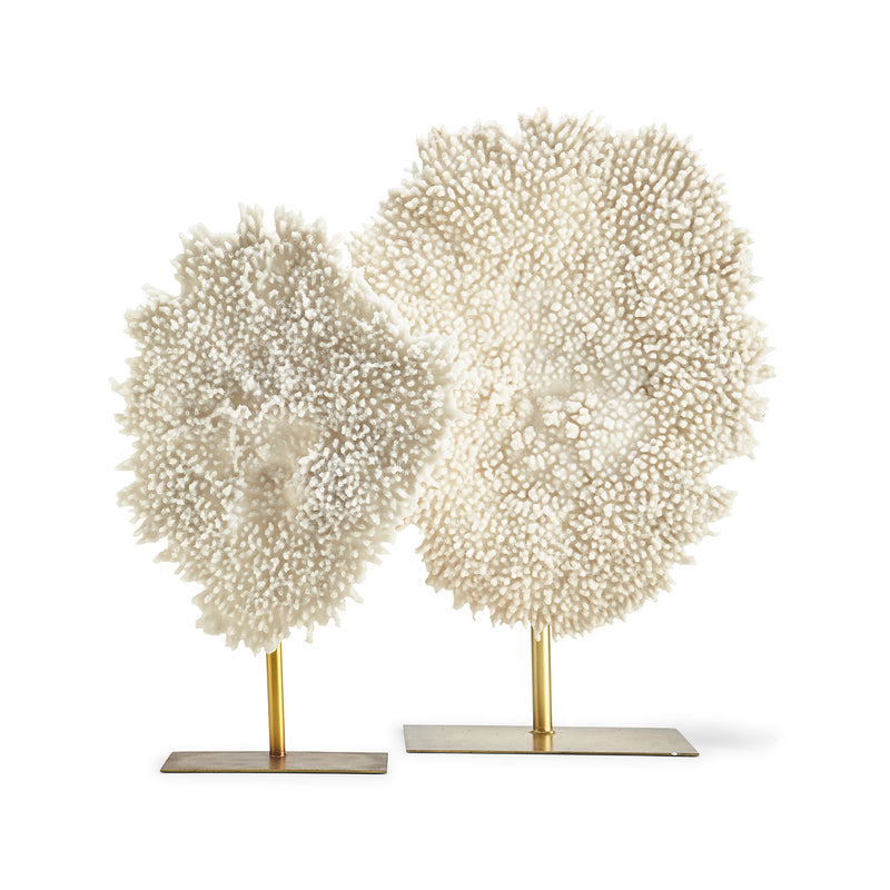 Set of 2 white coral sculptures with textured fan-like branches on square bases.