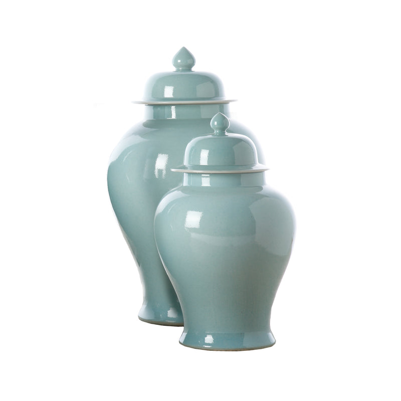 Aquamarine porcelain temple jar set, two lidded covered jars