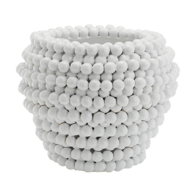 White ceramic pom-pom decorative vase/planter with rounded bead texture