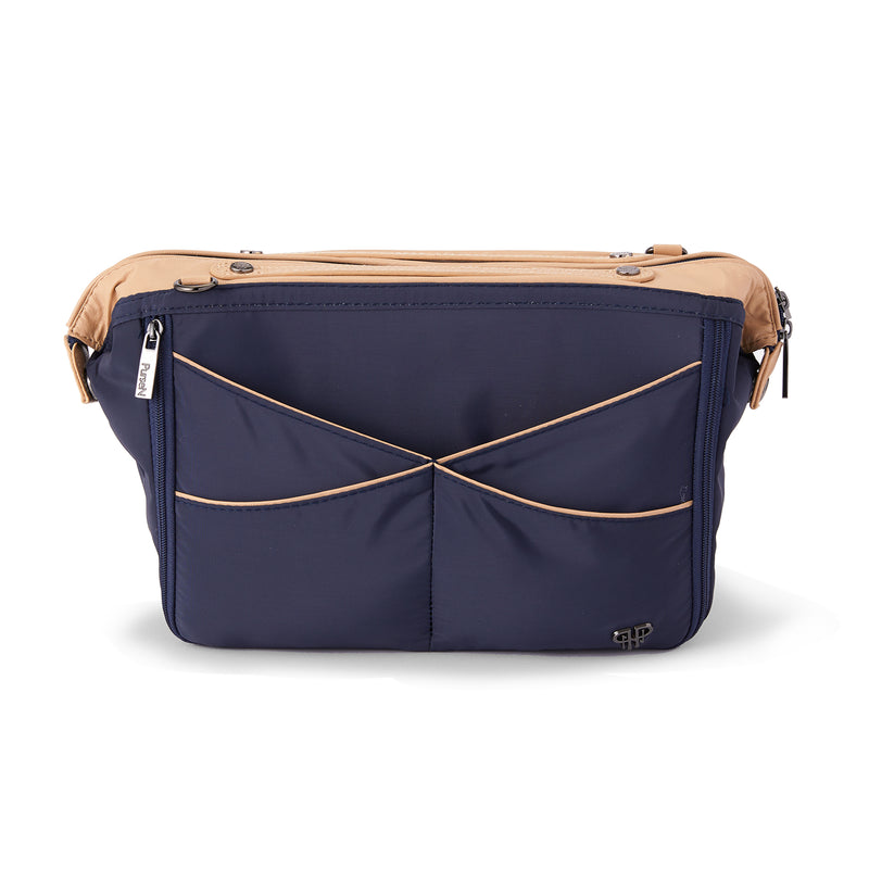 Navy nylon purse organizer bag with tan trim, zip front pocket and compartments