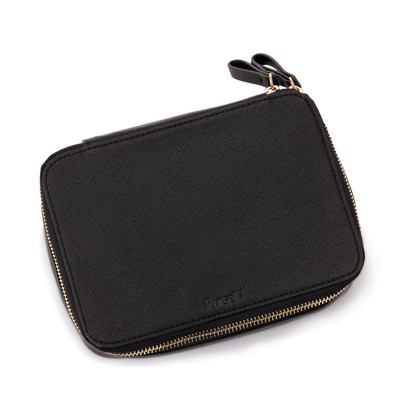 Pursen Voyager black faux leather jewelry case with zip closure and wrist strap