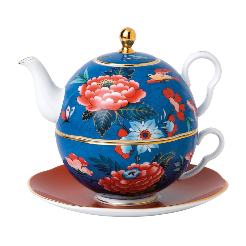 Wedgwood Paeonia Blush tea for one set: blue floral teapot with gold lid and cup