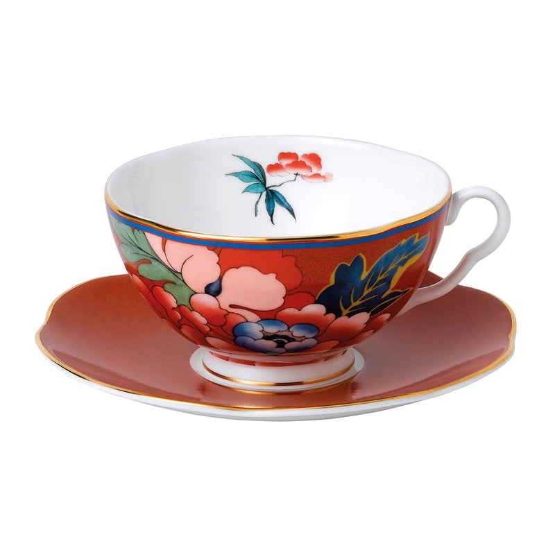 Wedgwood floral porcelain teacup and saucer set, red blush tones and gold trim