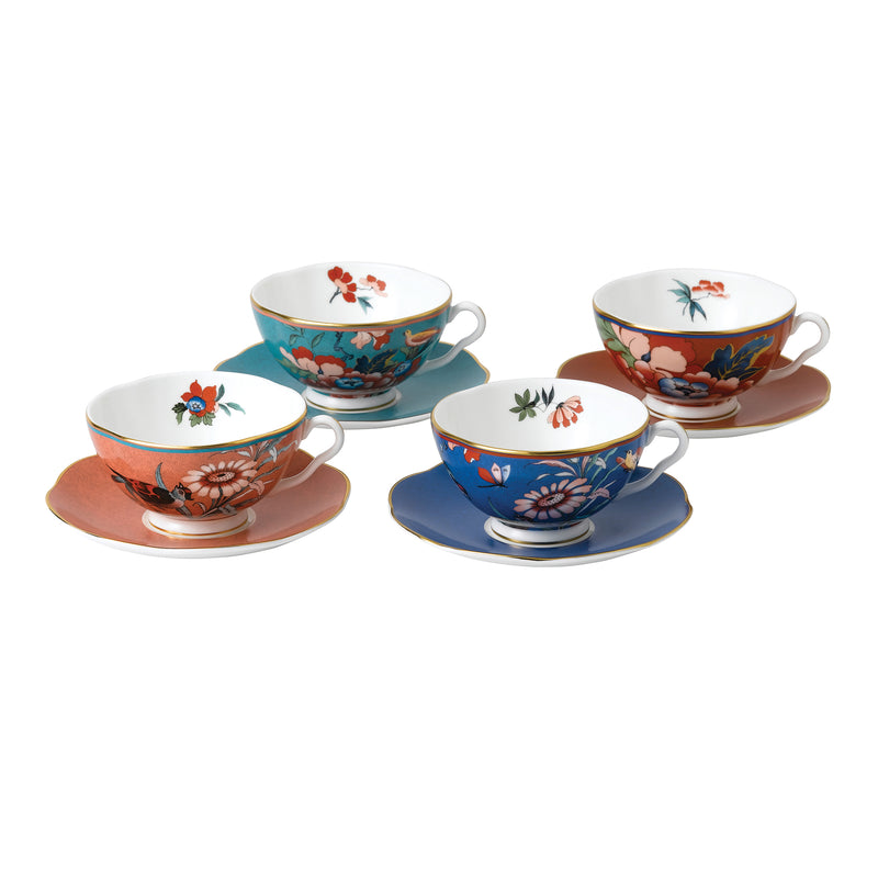 Fine bone china teacup and saucer set with floral cups and saucers in blue and teal