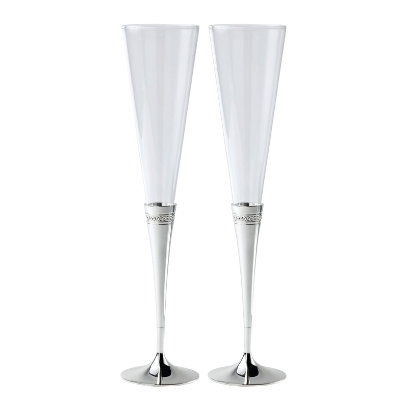 Pair of Wedgwood Simply Wish toasting flutes with silver stems and engraved bands