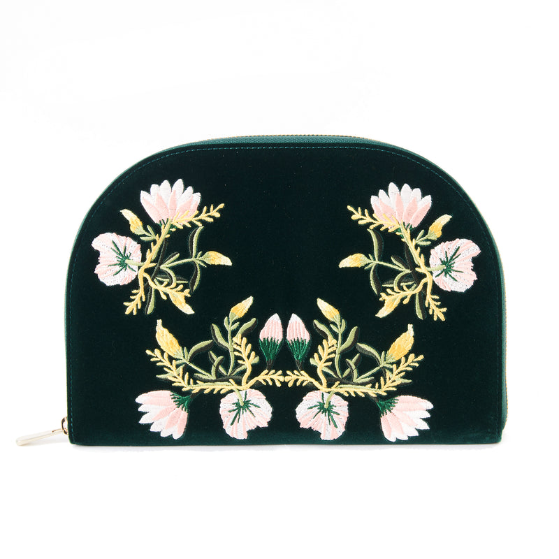 Forest green velvet jewelry travel case with embroidered floral pattern and top zipper
