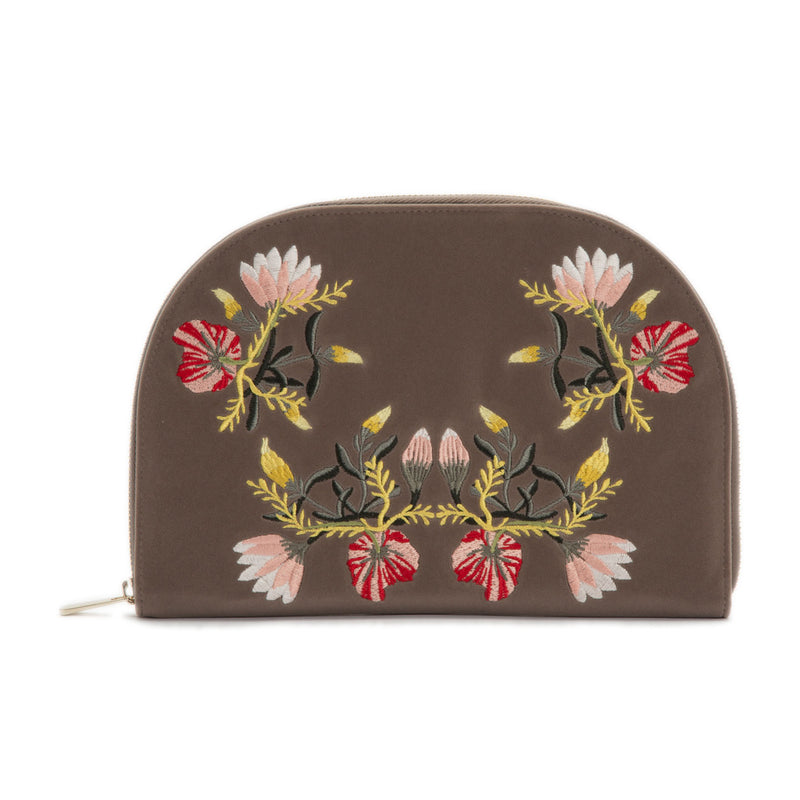 Brown velvet jewelry travel portfolio case with embroidered floral bouquet, curved top