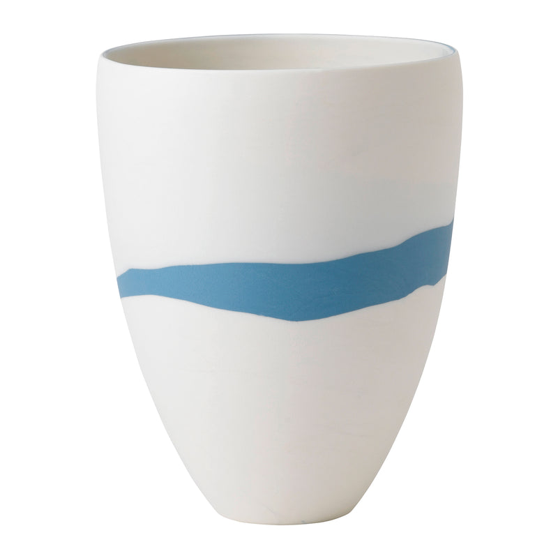 Wedgwood Jasperware blue pebble vase with curved blue band on white ceramic