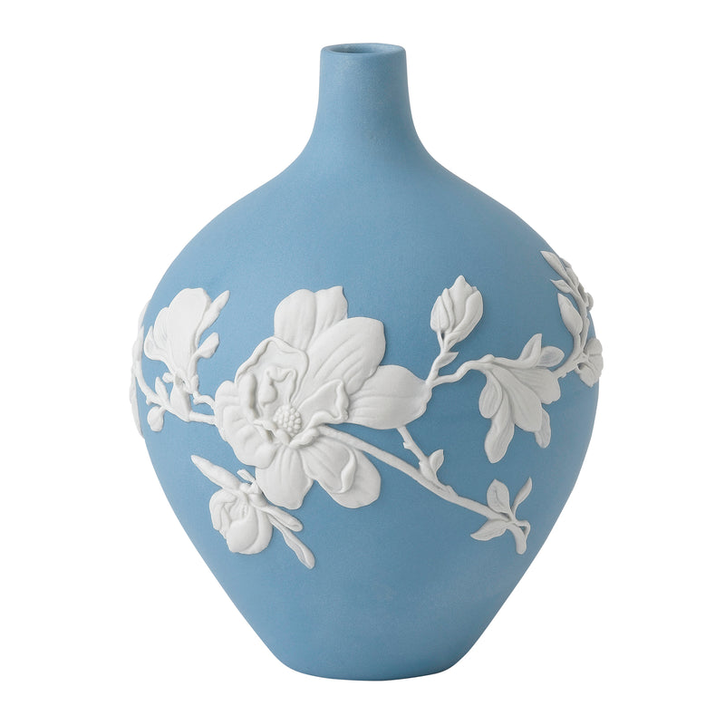 Wedgwood Magnolia Blossom bud vase, blue with white floral relief, rounded body and neck