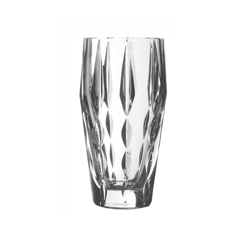Clear glass vase with faceted diamond pattern, tapered peplum-style body.