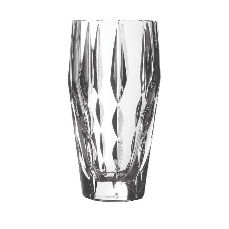 Clear faceted glass vase with diamond cut pattern and fluted sides
