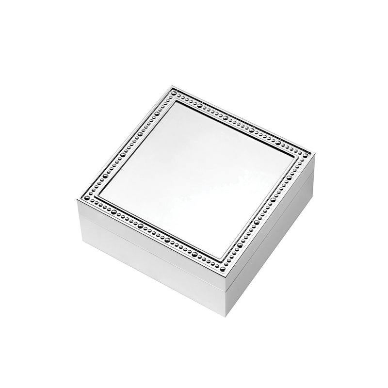 Rectangular keepsake box with white lid and silver beaded border trim