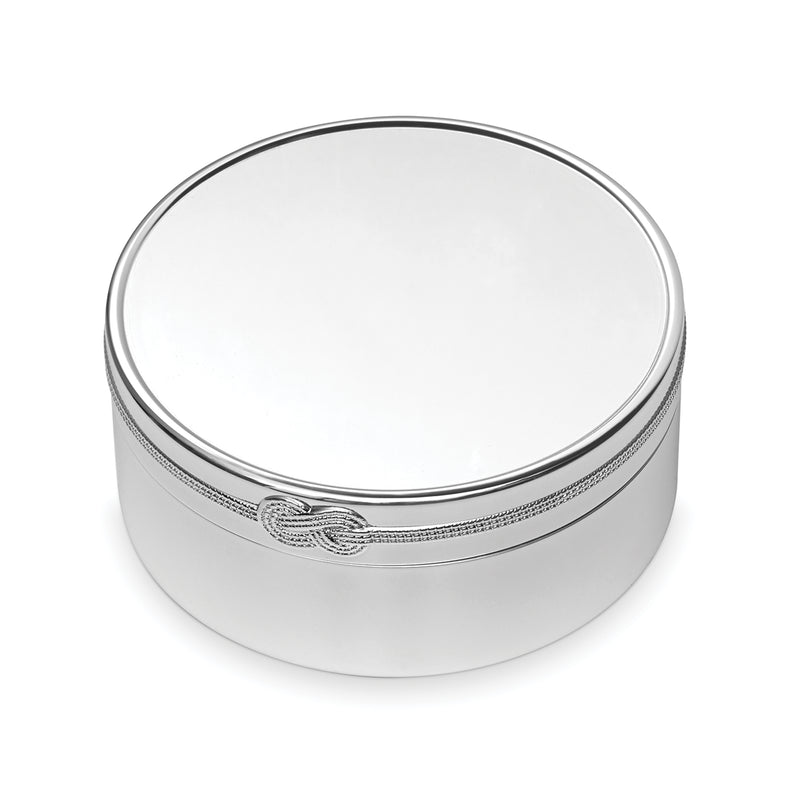Silver round keepsake box with infinity band detail on lid