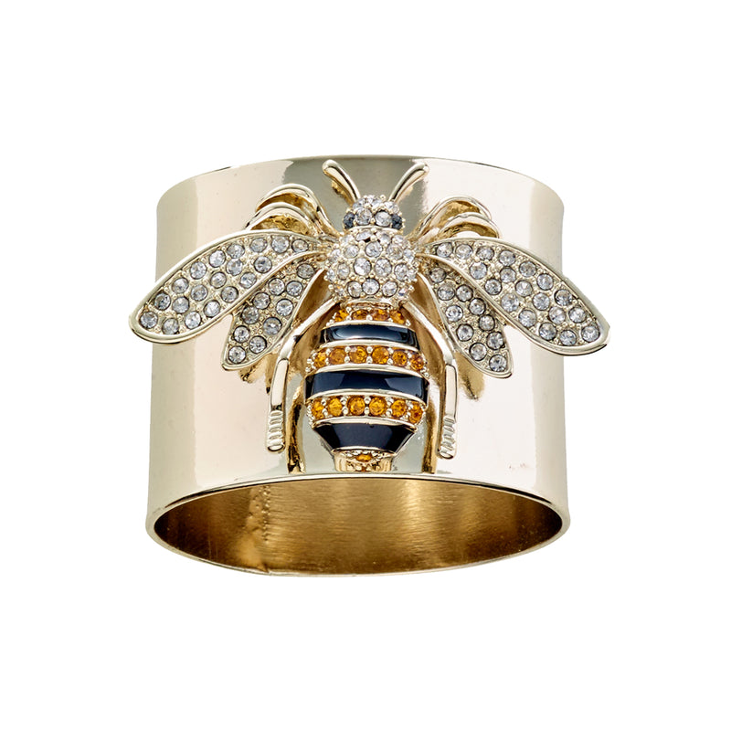 Gold-toned bee napkin ring with rhinestone wings and detailed bee face