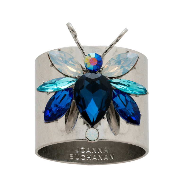 Set of 2 bug napkin rings with iridescent rainbow jeweled wings and blue accents