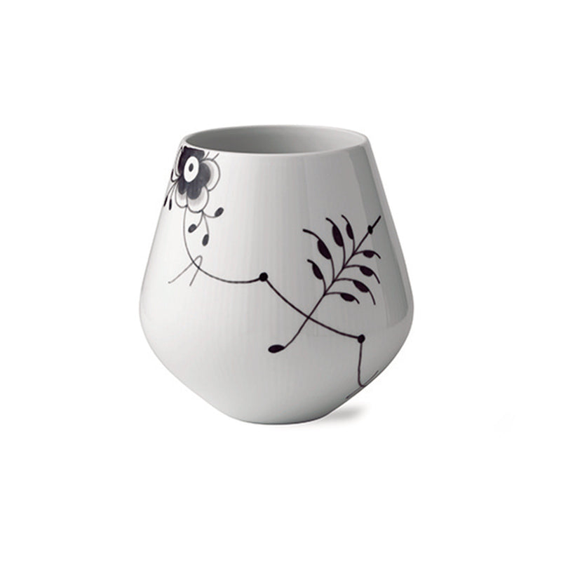 Porcelain vase with rounded fluted shape and black floral vine pattern on white