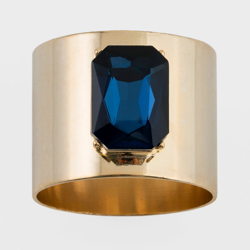 Set of 2 gold-tone napkin rings with faceted deep blue faux sapphire gemstone