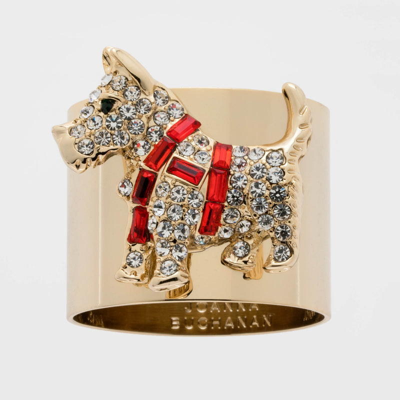 Gold scottie dog napkin ring with red and clear rhinestones