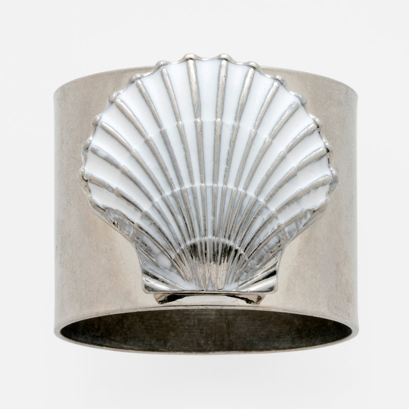 White seashell napkin ring with silver-toned metal scallop shell detail