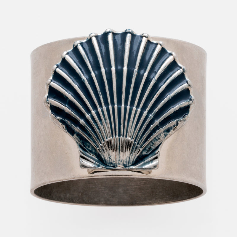 Silver-tone seashell napkin ring with blue accents, set of 2