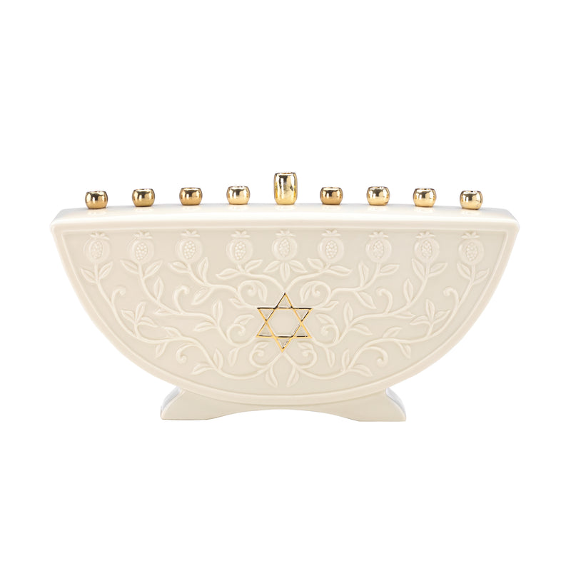 Lenox white porcelain menorah with embossed florals, Star of David, and gold candle cups