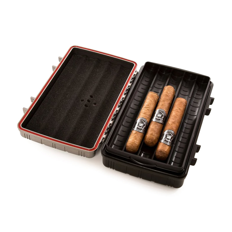 Gray metal cigar humidor case with foam lining and three cigars, open lid view