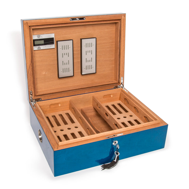 Brouk & Co. Donovan large wooden cigar humidor box, open with blue base and cigar trays