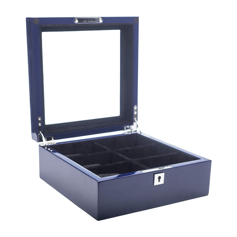 Open 6-slot blue wooden watch box with hinged lid and metal corner accents