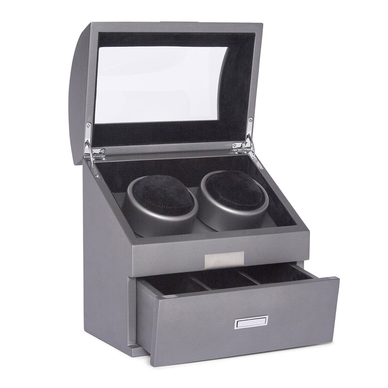 Brouk & Co. dual watch winder with lid, gunmetal gray wooden case and two cushions