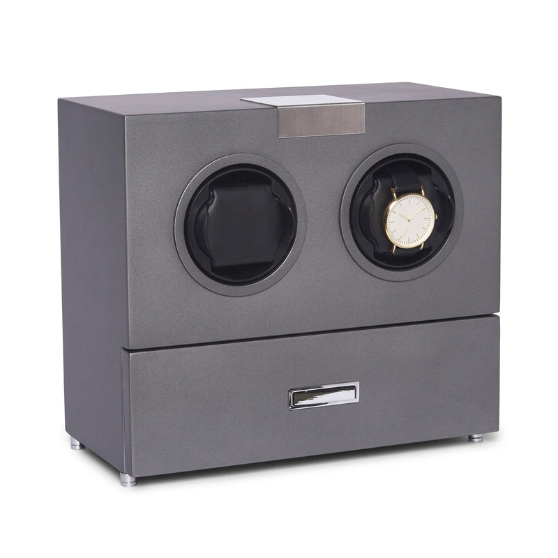 Dual watch winder in gunmetal wood with two circular viewing windows and metal switch