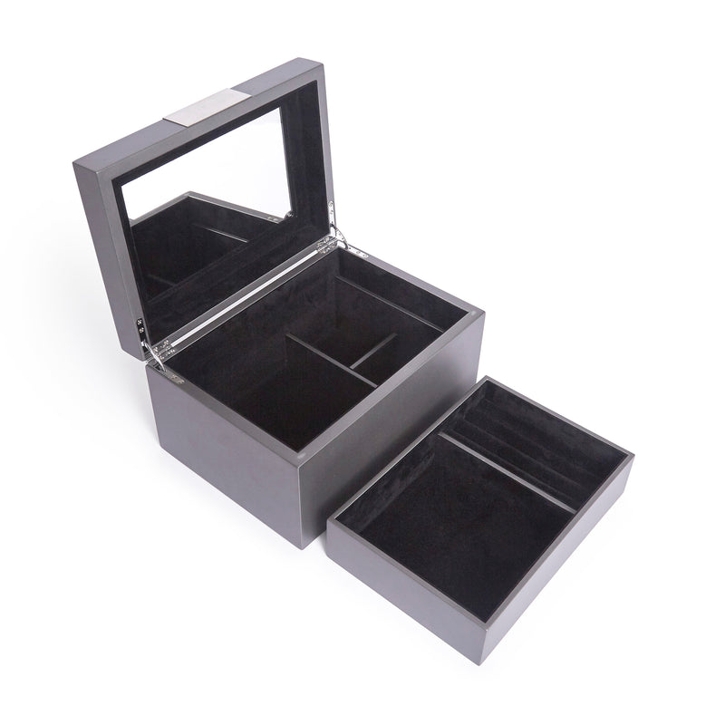Brouk & Co. Bradford gunmetal wooden jewelry chest with hinged lid and inner tray