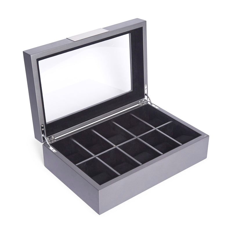 Gray wooden 10-watch holder with open lid and 10-slot cushioned inserts