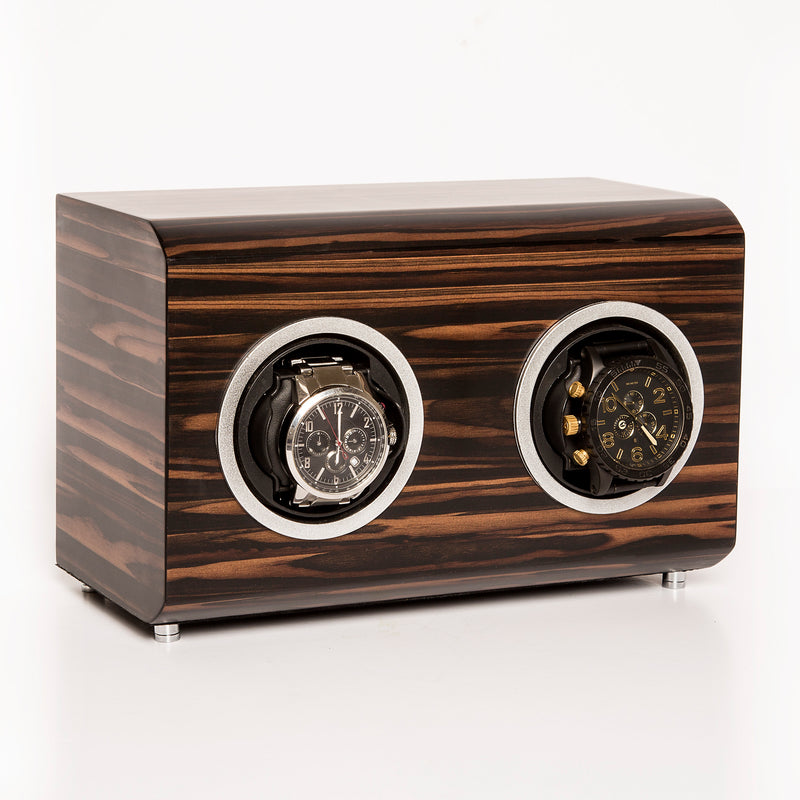 Matte ebony wooden 2-watch winder with two rotating watch compartments