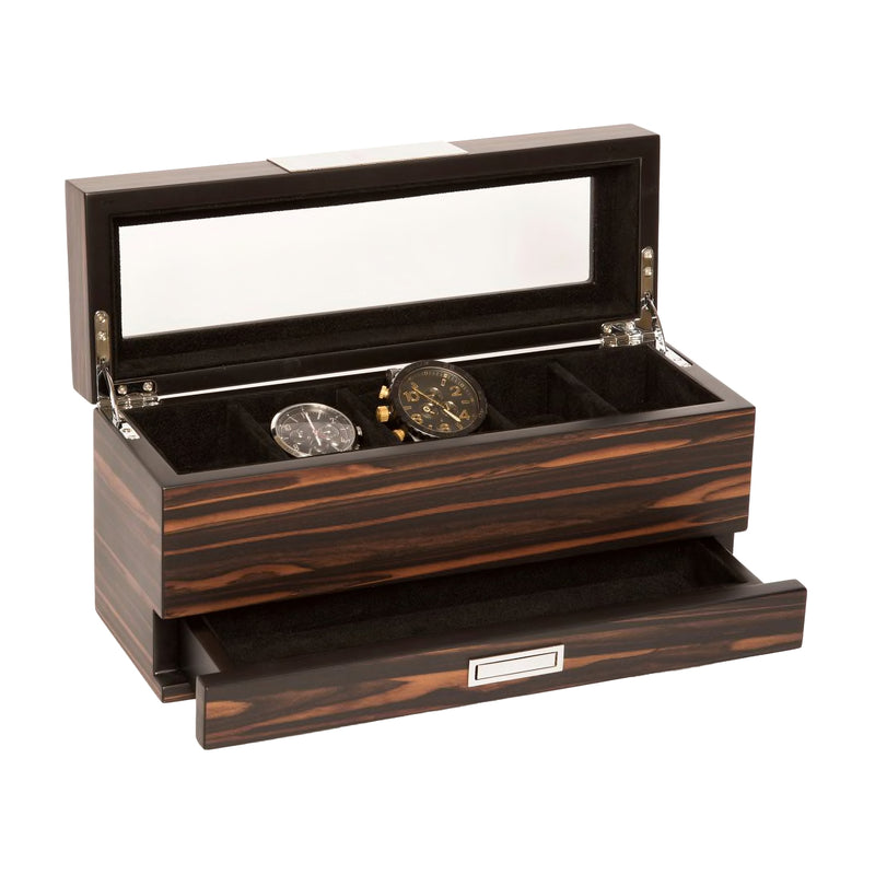 Brouk & Co. ebony wooden watch box with hinged lid and 5-watch tray