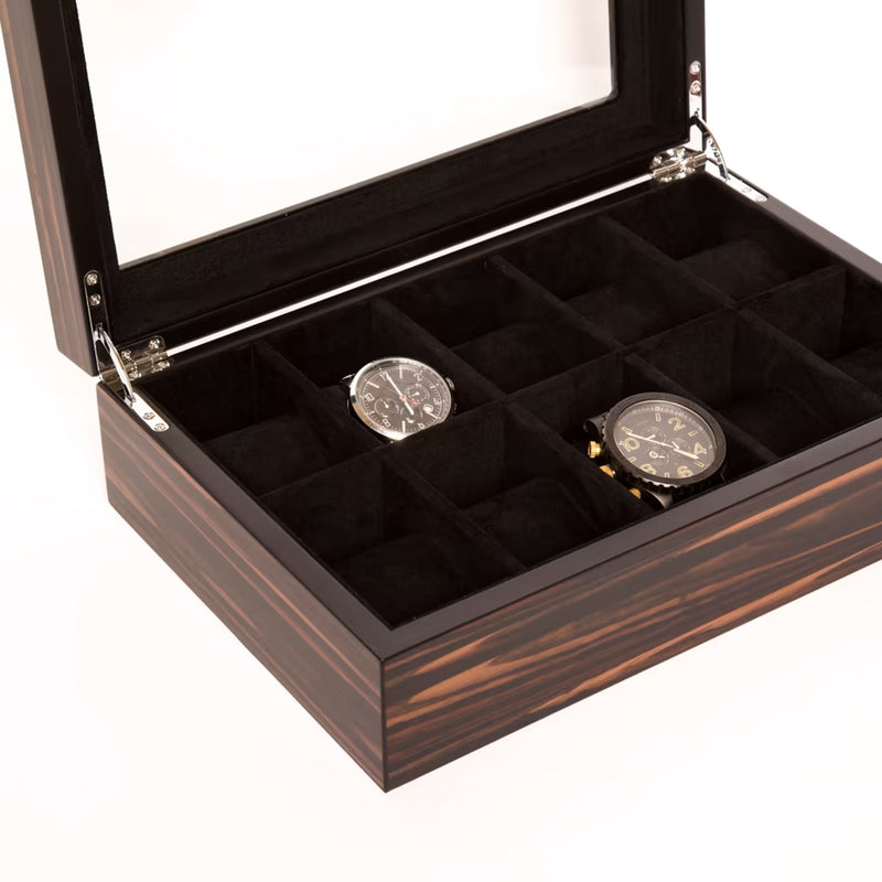 Opened wooden 10-watch holder with black foam inserts and two watches in view