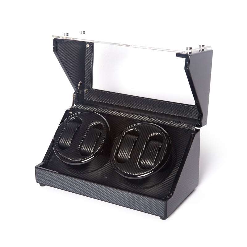 Black carbon fiber 4-watch winder with lid open and four round watch winders
