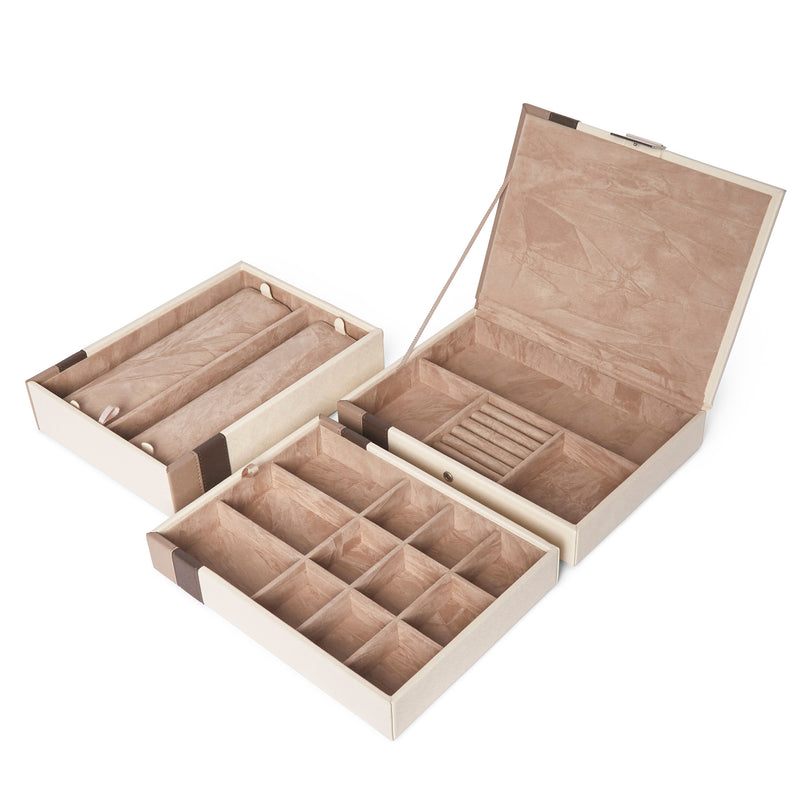 Brouk & Co. Madison faux leather stackable jewelry box, beige, open with compartments