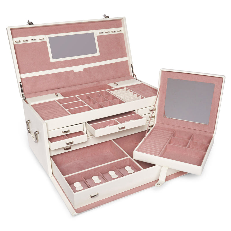 Brouk & Co. Sophie white faux leather jewelry trunk, open with pink compartments and mirror