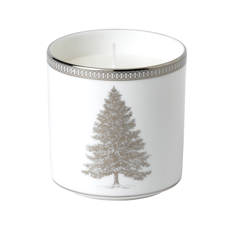 Wedgwood Winter White candle in clear glass with embossed pine tree design, white wax top