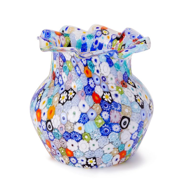 Multicolor millefiori glass vase, bulbous with flared rim and swirling flower patterns