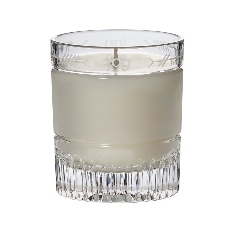Waterford Crystal Joy candle in clear faceted glass with etched Joy band
