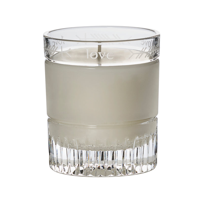Waterford Crystal Love candle in clear faceted glass holder with etched Love band, white wax