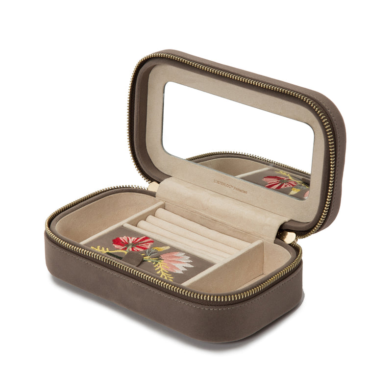 WOLF mink velvet travel zip case in brown with zip closure and card slots
